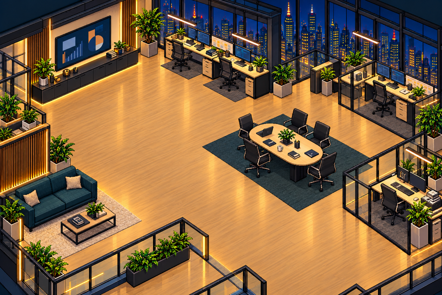 Escritório moderno em pixel art, com divisórias de vidro, estações de trabalho e mesa do conselho.